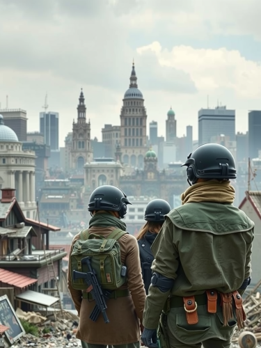 Two Female Soldiers Facing Destroyed City In VR