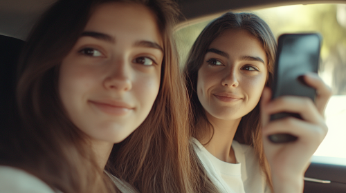 Two Girls Heading to College in Car Selfie