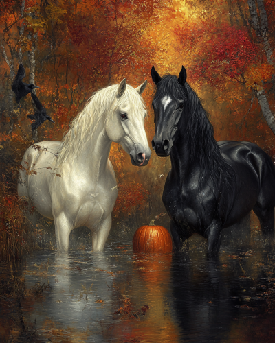 Two Horses Galloping in Mysterious Renaissance Style