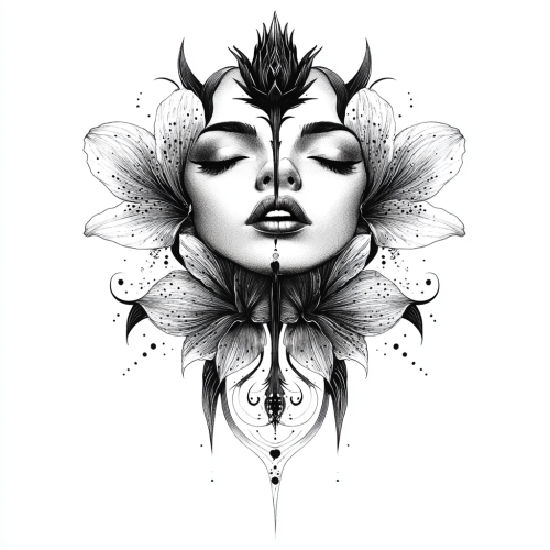 Two Women's Faces on Flower Stem Art Design