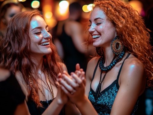 Two Women Laughing Outside Club, Close-Up Shot