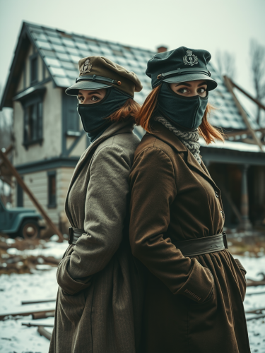 Two Women in War Masks at Ruined House