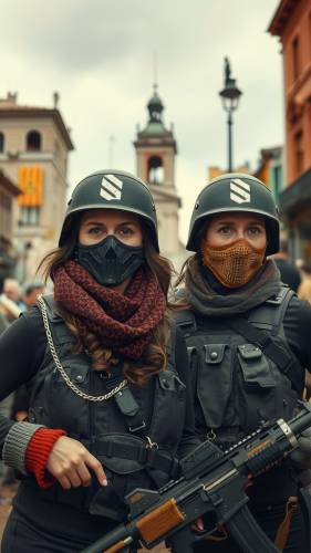 Two angry women soldiers in ravaged city.