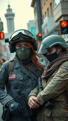 Two angry women soldiers playing in war-ravaged city.