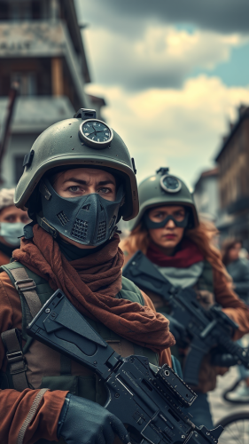 Two angry women soldiers wearing war masks in city.