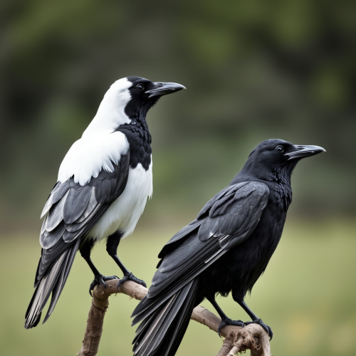 Two black and white ravens sitting together.
