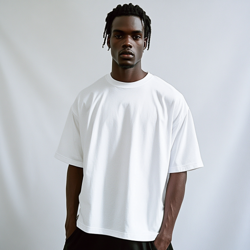 Two black model men wearing white t-shirts.