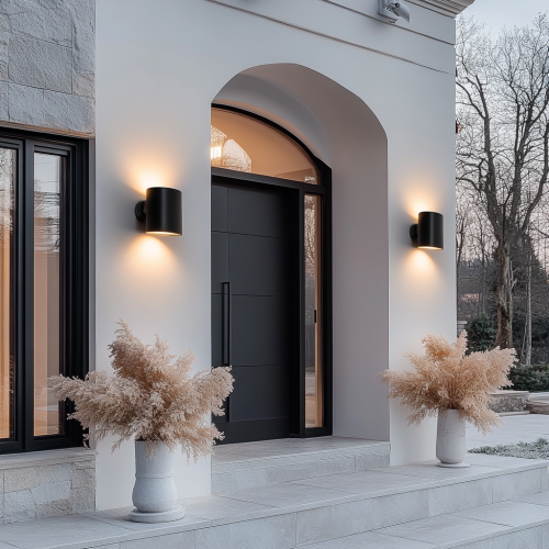 Two black wall lights in a modern house.