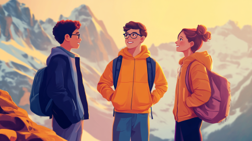 Two boys and a girl talk by mountains