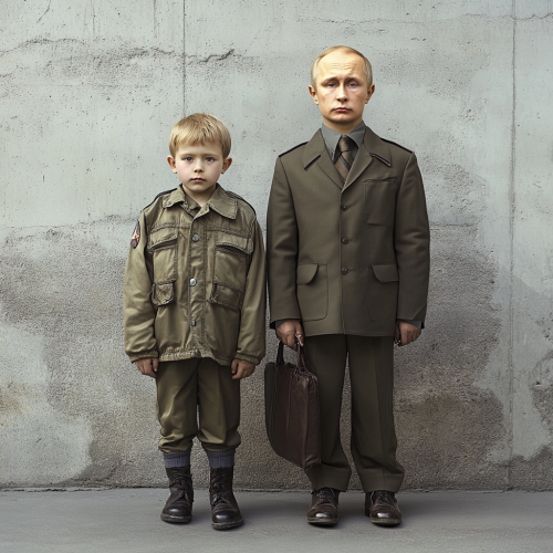 Two boys with Vladimir Putin faces, one taller.