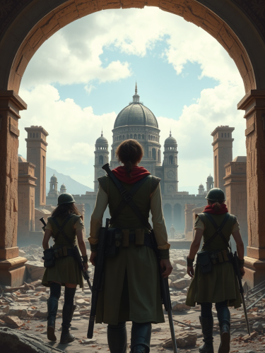 Two brave girls protecting a destroyed city.