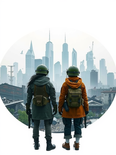 Two brave soldiers stand in front of destroyed city.