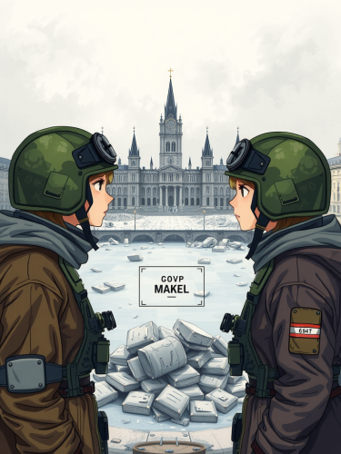 Two brave soldiers stand in front of ruined city.