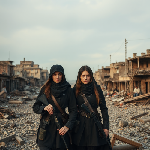 Two brave women soldiers in destroyed city.