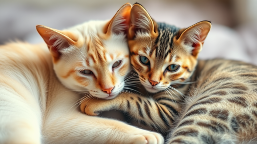 Two cats cuddling: flame point and tabby