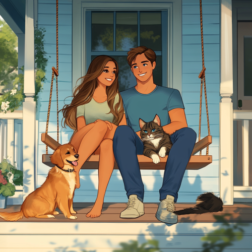 Two characters on porch swing with pets.