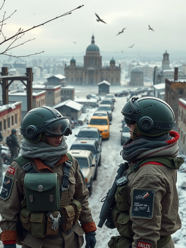 Two female soldiers in cold city war scene
