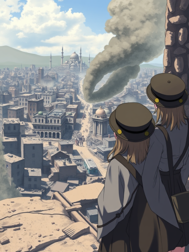 Two female soldiers in destroyed city war zone