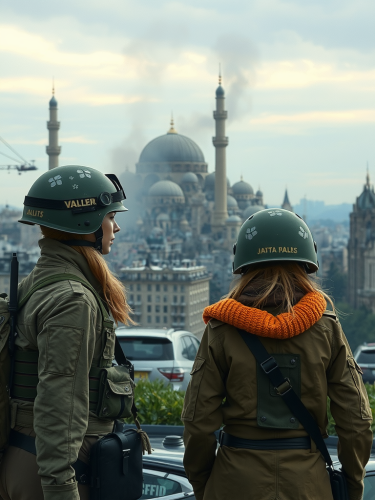Two female soldiers in front of city ruins