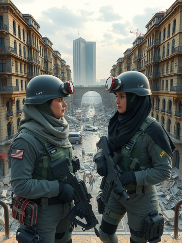 Two female soldiers in hijab in ruined city.