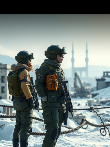 Two female soldiers in war-torn city