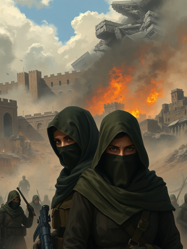 Two female soldiers stand in destroyed city.