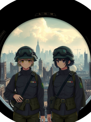 Two female soldiers standing in front of destroyed city.