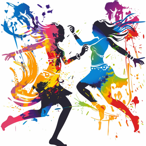Two figures dancing in a rave with Hindi symbols. Two figures dancing in a rave with Hindi symbols.