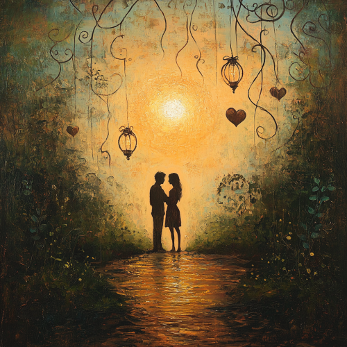 Two figures sharing intimate moment in serene setting. Two figures sharing intimate moment in serene setting.