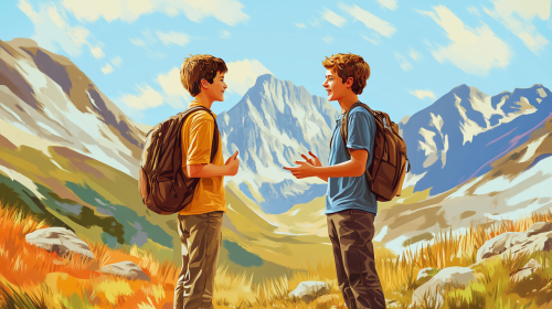 Two friendly 12-year-old boys talking on a mountain