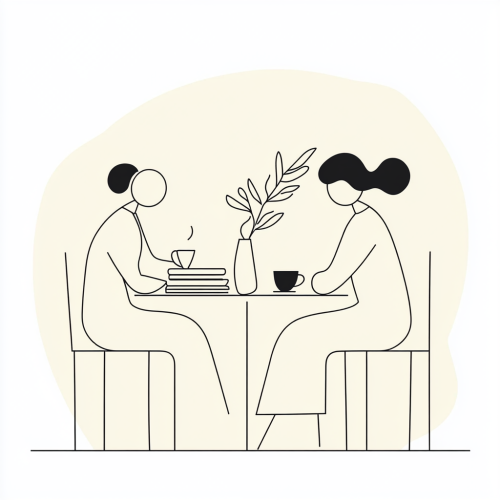 Minimalist Line Illustration of Two friends at table with books and coffee