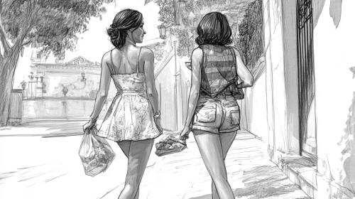 Two friends walking on sidewalk with food bags Two friends walking on sidewalk with food bags