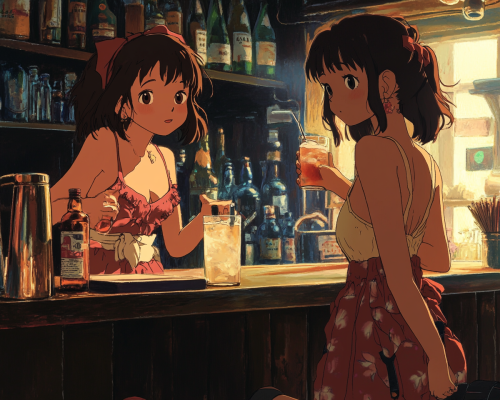 Two girls having fun in a fancy bar.