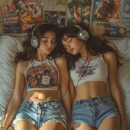 Two girls listening to music, lying on bed