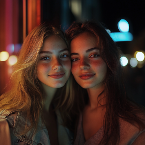 Two girls smiling in line at night club