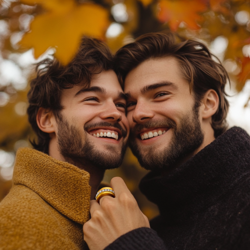 Two happy men in park with fall leaves