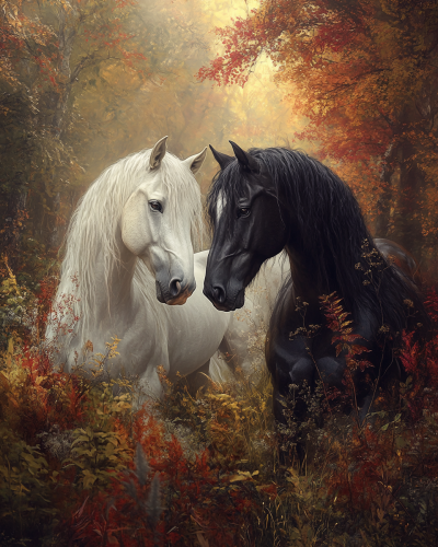 Two horses dancing in Nordic nature at sunrise