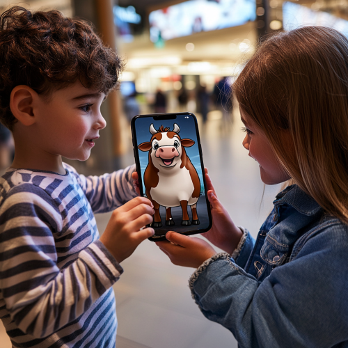 Two kids play AR/VR game with cartoon cow.