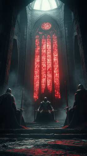 Two kings on thrones in a dark castle.