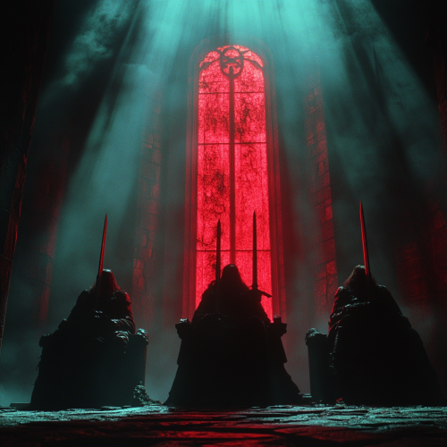 Two kings sit on thrones of swords in castle.