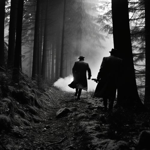 Two men in black mackintoshes run through dense forest.