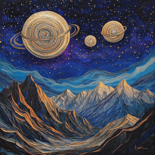 Two moons, silver and gold, in night sky.