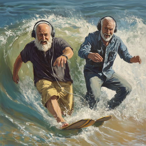 Two old radio DJs surfing together in Malibu.