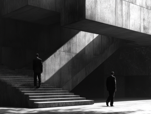 Two people climb wide concrete steps with shadows