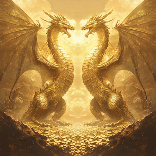 Two roaring golden dragons on shimmering gold with clouds