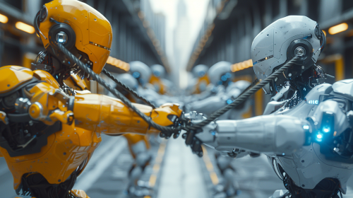 Two robots pull a rope in an office