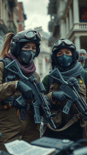 Two sad women soldiers play wirelessly in city.