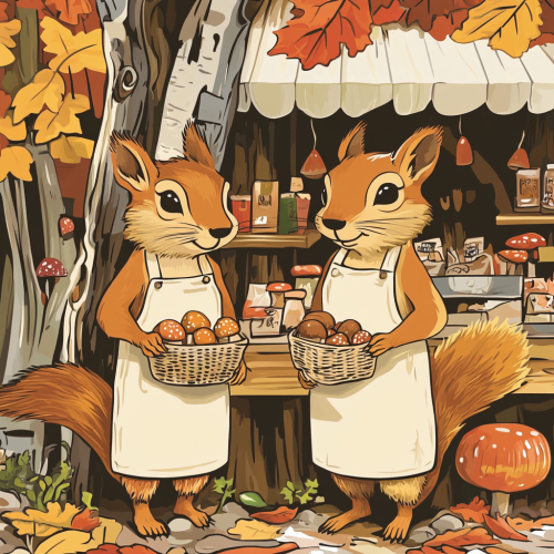 Two squirrels in aprons at birch tree market