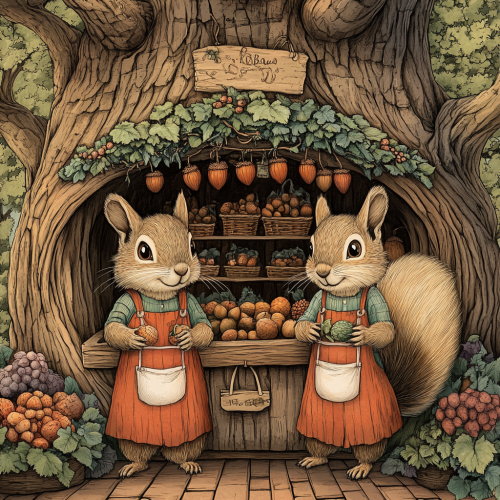 Two squirrels stocking acorns in cozy market store