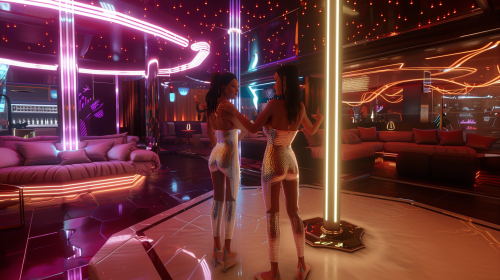 Two women in bright outfits dancing by a pole. Two women in bright outfits dancing by a pole.